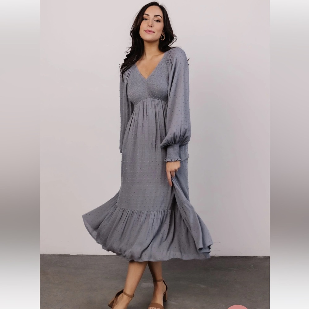 Baltic Born Lainey Smocked Dotted Midi Dress | Dusty Blue - M
